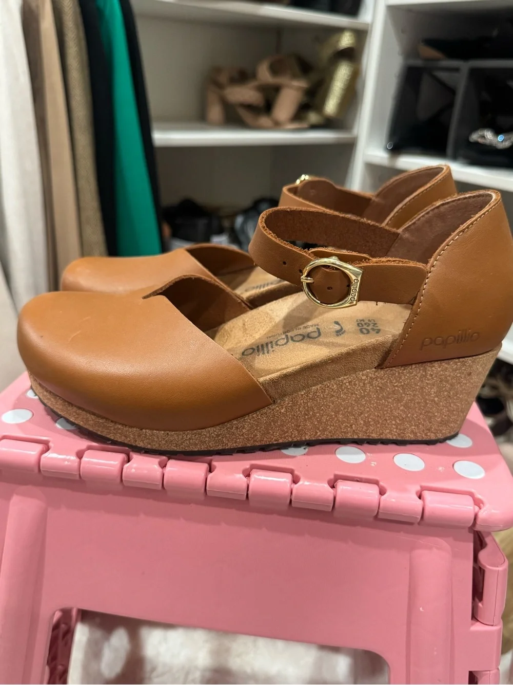 Birkenstock Papillio Cognac Leather Cork Wedge Mary Jane with Ankle Strap